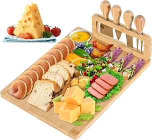 Bamboo Cheese Board and Knife Set - 14' x 11' Large Charcuterie Boards Set, Cheese Tray Platter Servers with Clasp Knife Holder, Gift for Anniver