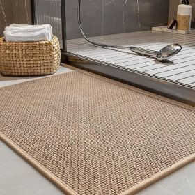 Non-Slip Bath Mat With Rubber-Backing, Braided Absorbent Machine Washable Thin Rug for Bathroom Floor, Quick Dry, Fits Under Door, 17''x24'' Beig