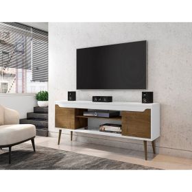 Manhattan Comfort Bradley 62.99 TV Stand White and Rustic Brown with 2 Media Shelves and 2 Storage Shelves in White and Rustic Brown with Solid W