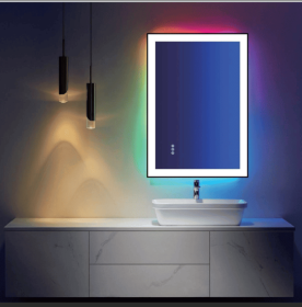 LED wall mirror with three-color temperature (RGB) and smart touch button control, featuring dimmable, anti-fog (S1R5070UL20"x28": S1R9090UL36"x36")
