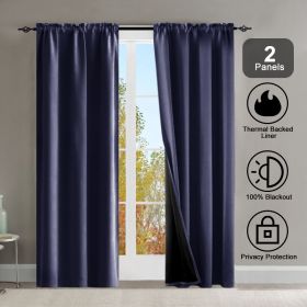 Rod Pocket Thermal Insulated with Coated Lining 52 in. W x 63 in. L Indoor Blackout Curtains (Set of 2) (Color: dark blue)