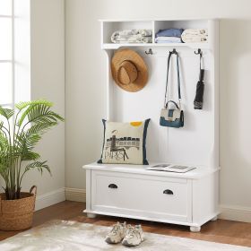 Modern Classic Hall Tree with Shoe Rack Bench and Coat Hooks for Hanging Storage (Color: White, Material: MDF)